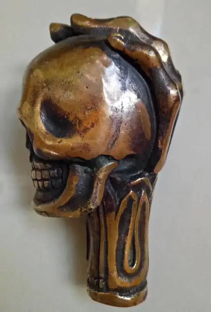Old Chinese Bronze Handmade Carved Skull Statue Cane Walking Stick Head