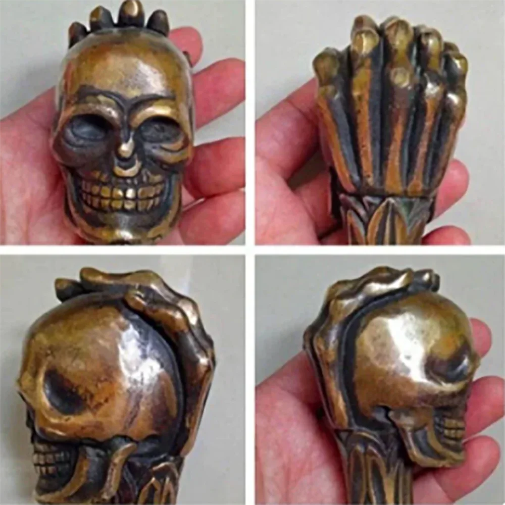 Old Chinese Bronze Handmade Carved Skull Statue Cane Walking Stick Head