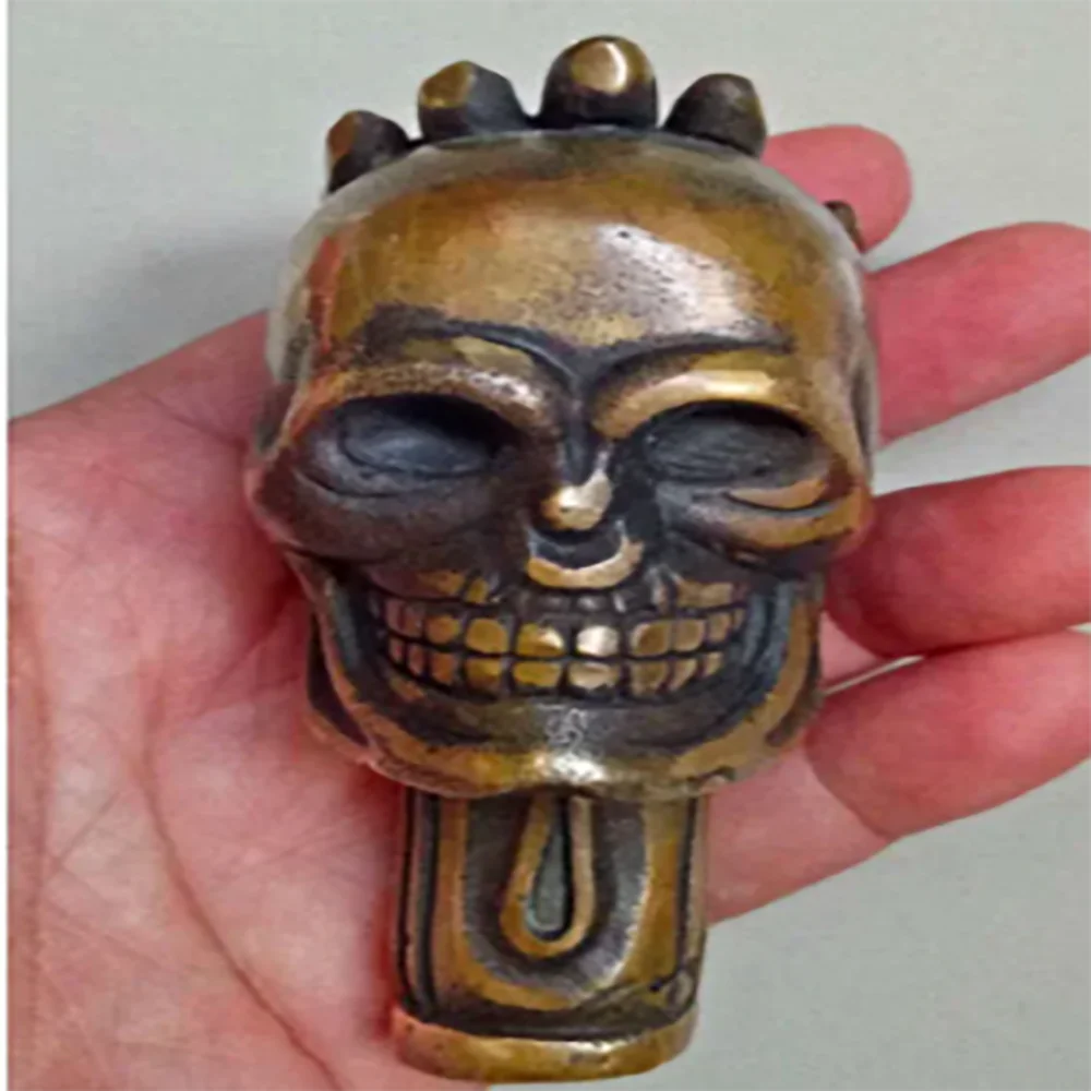 Old Chinese Bronze Handmade Carved Skull Statue Cane Walking Stick Head