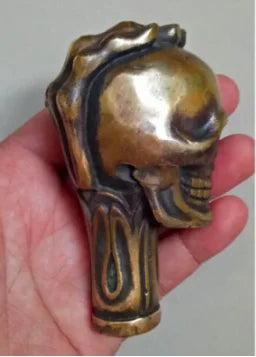 Old Chinese Bronze Handmade Carved Skull Statue Cane Walking Stick Head