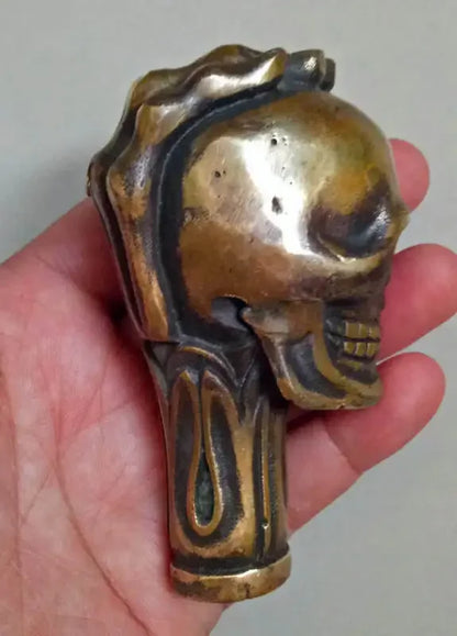 Old Chinese Bronze Handmade Carved Skull Statue Cane Walking Stick Head