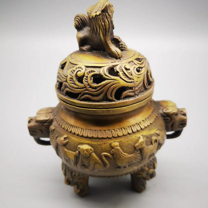 Old Chinese Pure Brass 12 Zodiac Lion Beast Incense Burner Censer Antique Statue