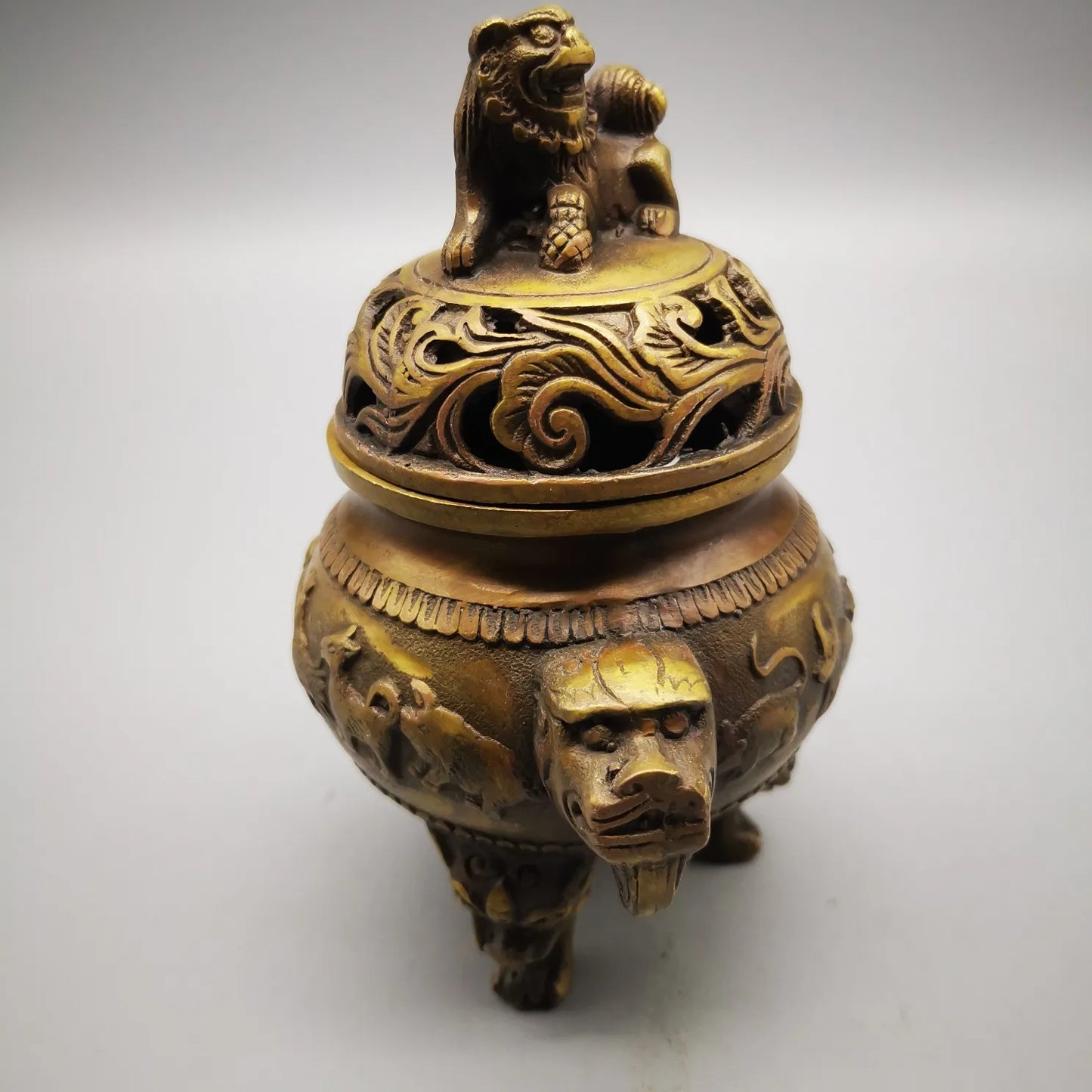 Old Chinese Pure Brass 12 Zodiac Lion Beast Incense Burner Censer Antique Statue