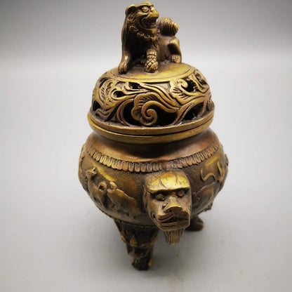 Old Chinese Pure Brass 12 Zodiac Lion Beast Incense Burner Censer Antique Statue