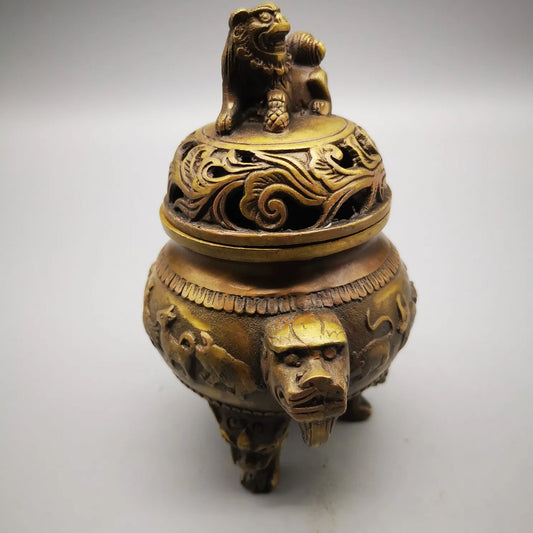 Old Chinese Pure Brass 12 Zodiac Lion Beast Incense Burner Censer Antique Statue