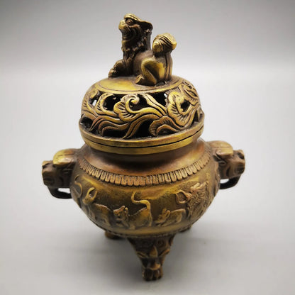 Old Chinese Pure Brass 12 Zodiac Lion Beast Incense Burner Censer Antique Statue