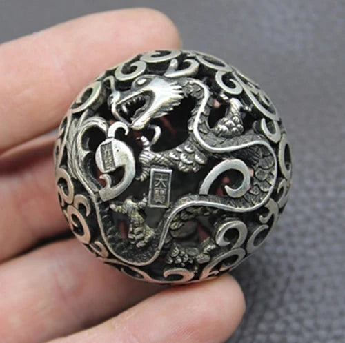 Old Chinese Tibetan silver Dragons and phoenixes Handball Round ball