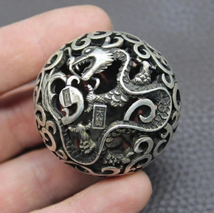 Old Chinese Tibetan silver Dragons and phoenixes Handball Round ball