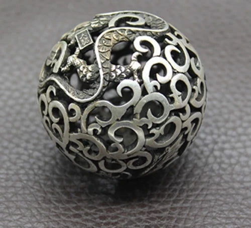 Old Chinese Tibetan silver Dragons and phoenixes Handball Round ball