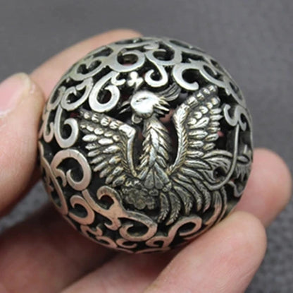 Old Chinese Tibetan silver Dragons and phoenixes Handball Round ball