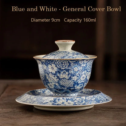 Old Clay Blue and White, Bamboo Hat Tureen High-End Sancai Gaiwan Tea Cup, Ceramic Household Single Ceremony Tea Brewing Bowl
