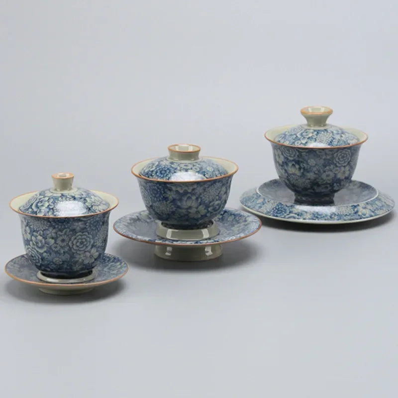 Old Clay Blue and White, Bamboo Hat Tureen High-End Sancai Gaiwan Tea Cup, Ceramic Household Single Ceremony Tea Brewing Bowl