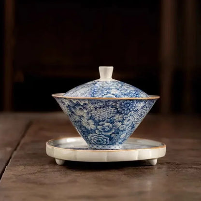 Old Clay Blue and White, Bamboo Hat Tureen High-End Sancai Gaiwan Tea Cup, Ceramic Household Single Ceremony Tea Brewing Bowl