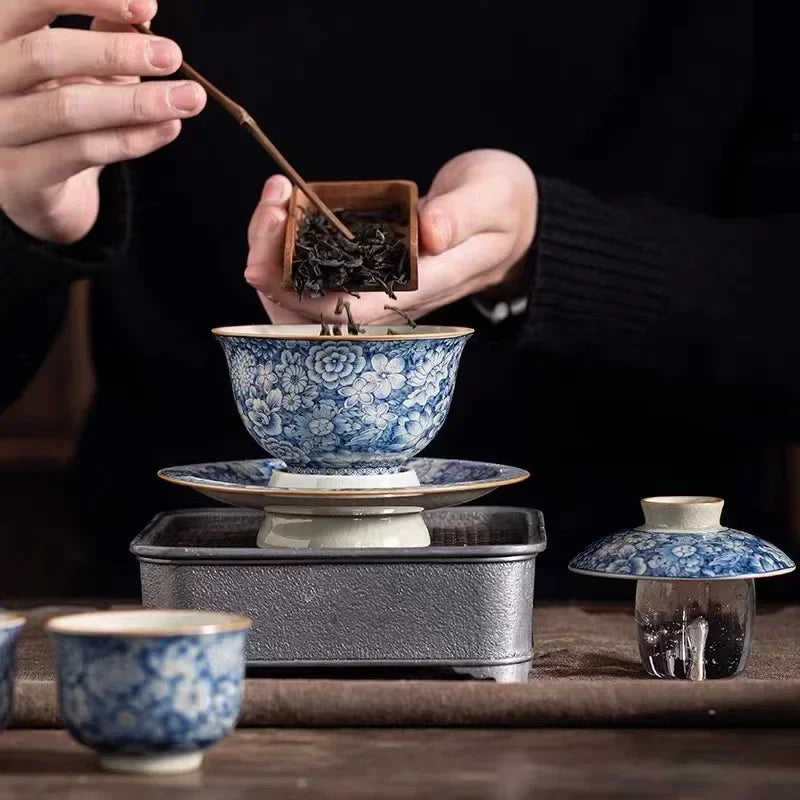 Old Clay Blue and White, Bamboo Hat Tureen High-End Sancai Gaiwan Tea Cup, Ceramic Household Single Ceremony Tea Brewing Bowl