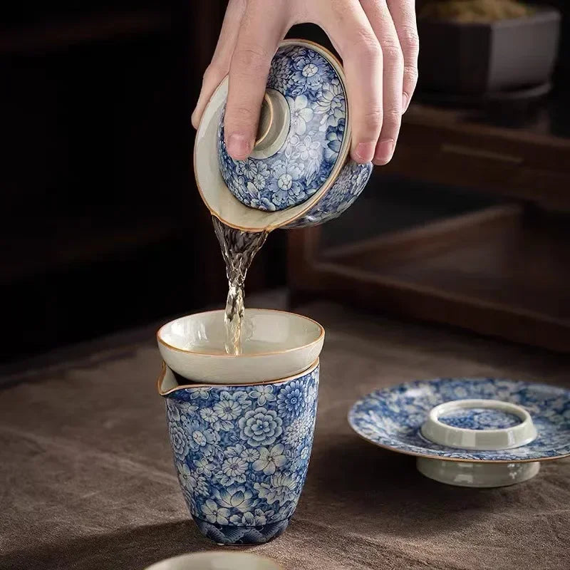 Old Clay Blue and White, Bamboo Hat Tureen High-End Sancai Gaiwan Tea Cup, Ceramic Household Single Ceremony Tea Brewing Bowl