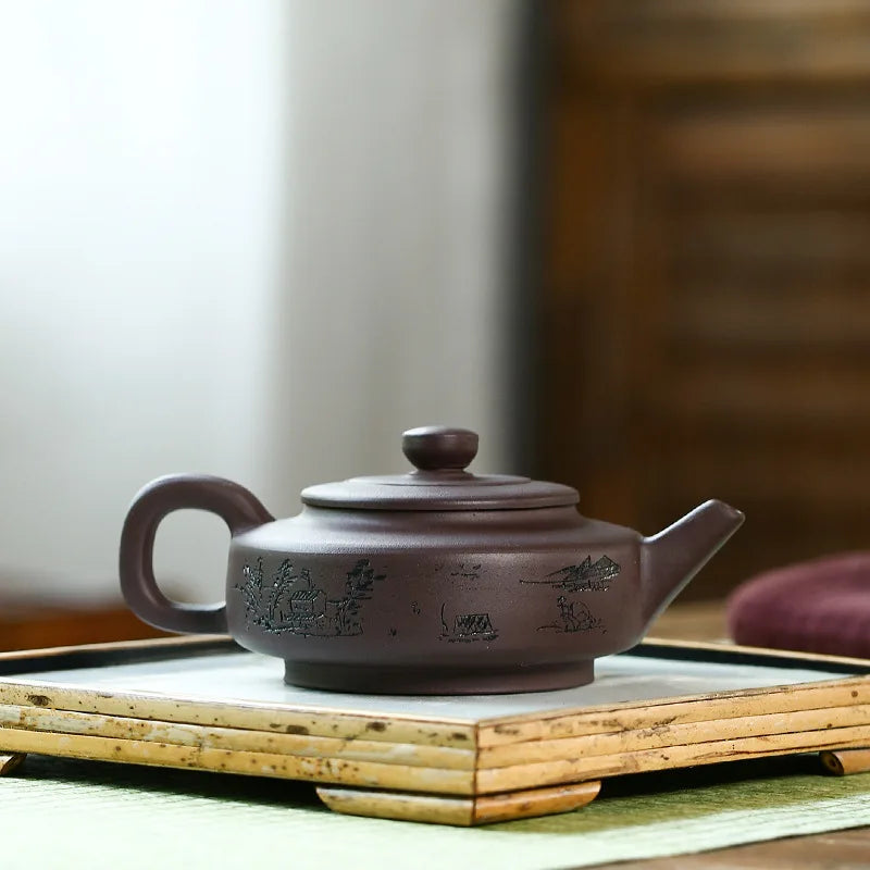 Old Purple Clay Han Flat Pot Zisha Teapot, Yixing Handmade Pot, Kung-Fu Teaware, Purple Clay Drinkware for Puer Green and Black
