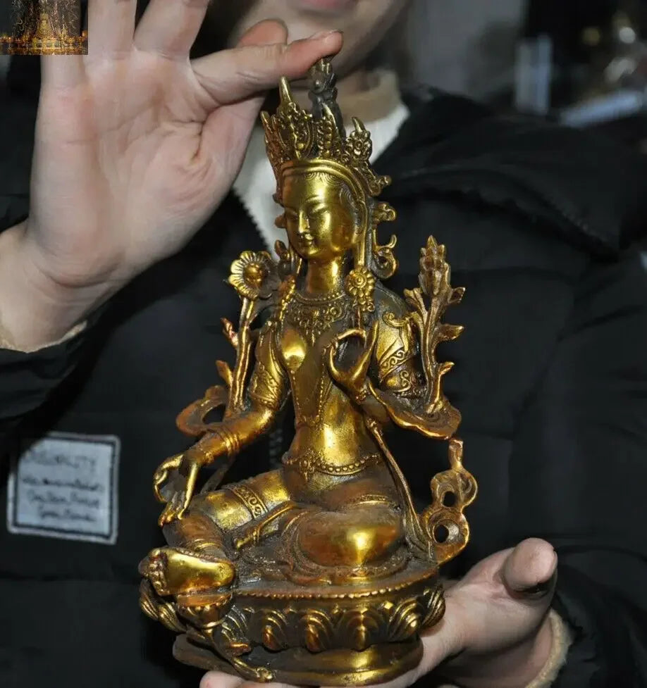 Old Tibet Buddhism Bronze gilt Green tara Goddess Kwan-yin Guanyin Buddha Statue