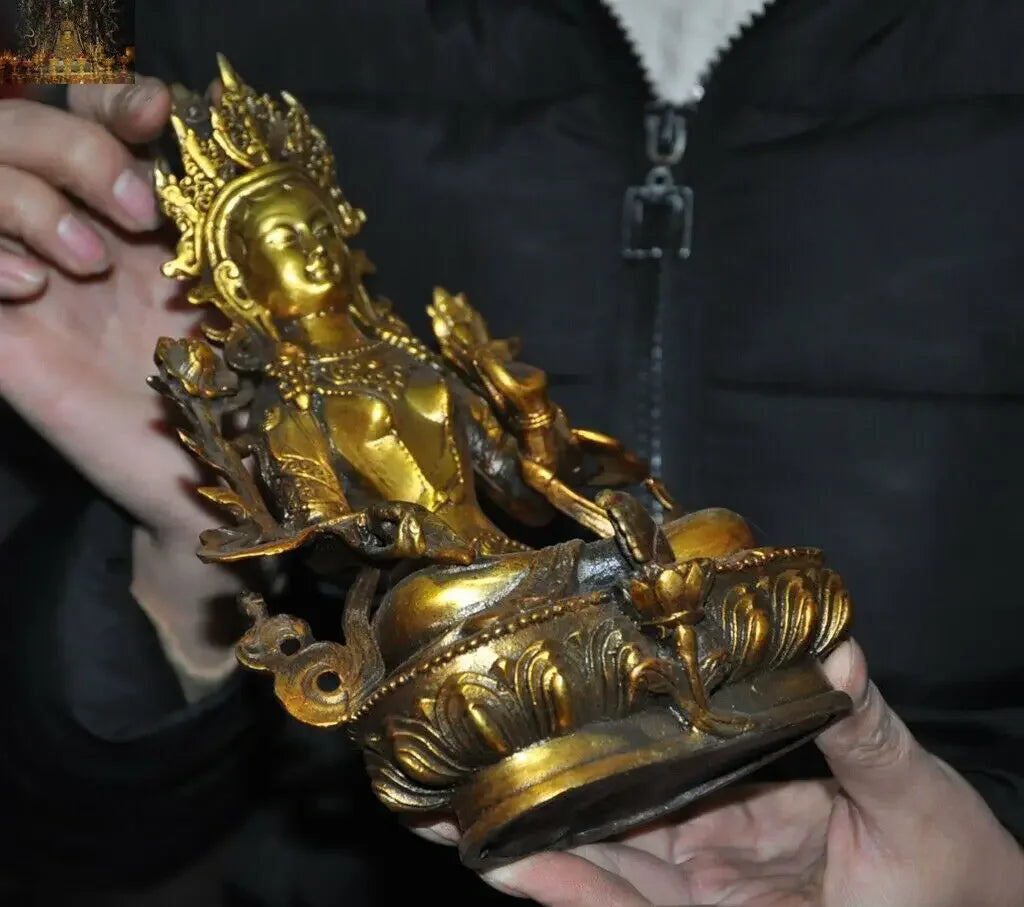 Old Tibet Buddhism Bronze gilt Green tara Goddess Kwan-yin Guanyin Buddha Statue