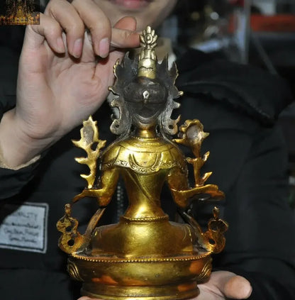 Old Tibet Buddhism Bronze gilt Green tara Goddess Kwan-yin Guanyin Buddha Statue