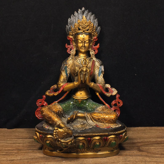 Old Tibet Tibetan Buddhist Bronze Painted Green Tara Buddha Bodhisattva Statue