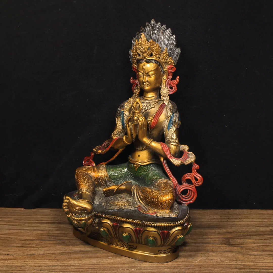 Old Tibet Tibetan Buddhist Bronze Painted Green Tara Buddha Bodhisattva Statue