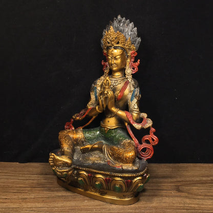 Old Tibet Tibetan Buddhist Bronze Painted Green Tara Buddha Bodhisattva Statue