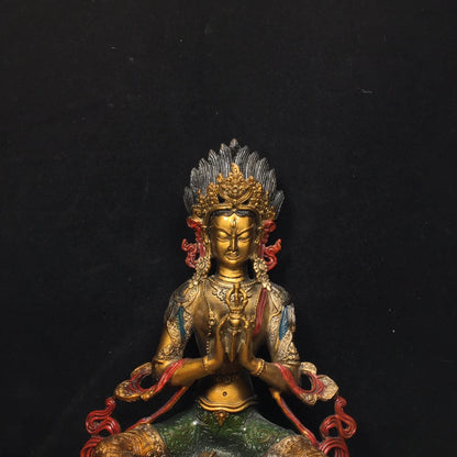 Old Tibet Tibetan Buddhist Bronze Painted Green Tara Buddha Bodhisattva Statue