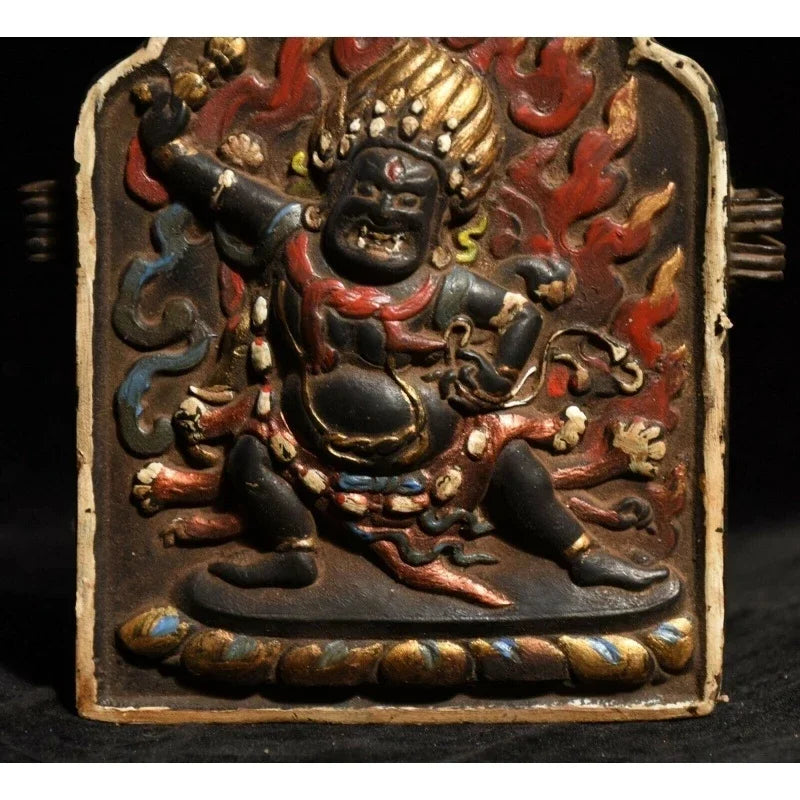 Old Tibetan Buddhist Bronze Cinnabar vajrapani Chana Vajra Buddha Statue gawu Box