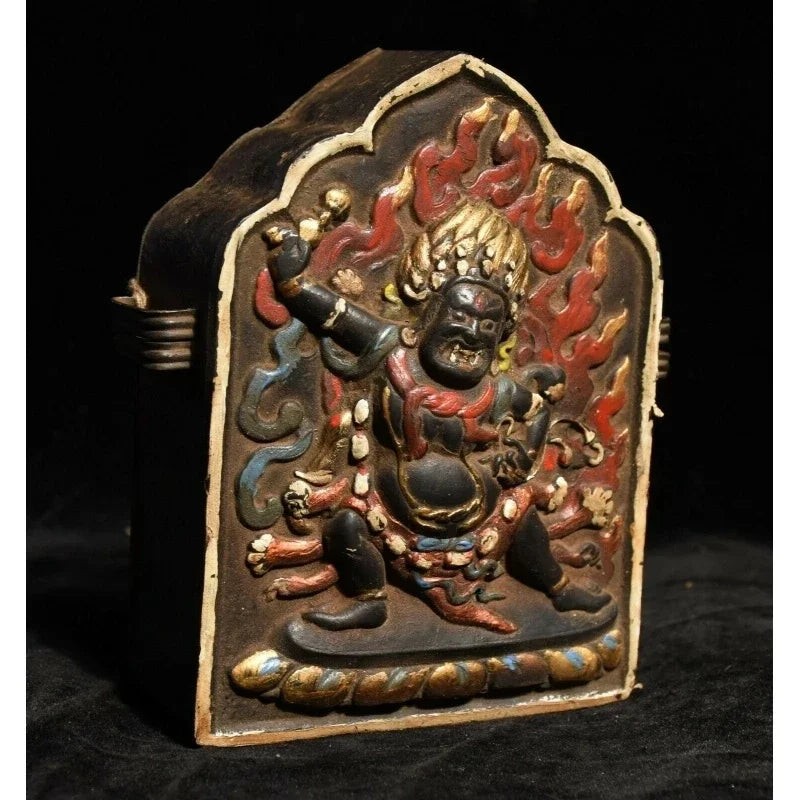 Old Tibetan Buddhist Bronze Cinnabar vajrapani Chana Vajra Buddha Statue gawu Box