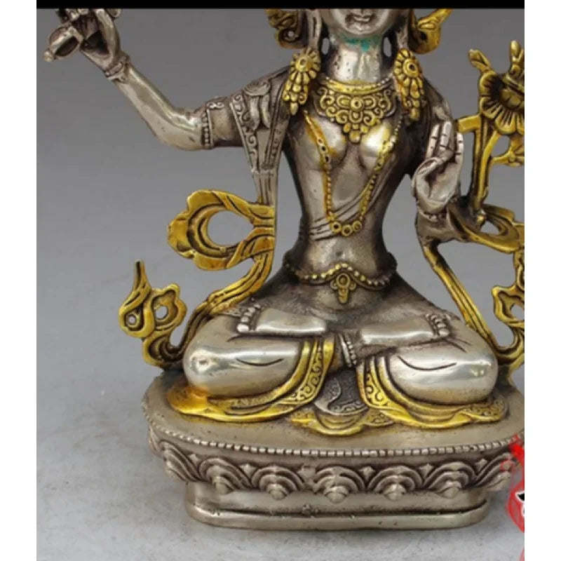 Old Tibetan Silver Crafts Tara Buddha Manshu Bodhisattva Statue