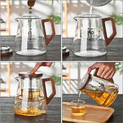 One Click Tea Separation Filtration Glass Teapots With Wood Handle Tea Water Separation Inner Container Tea Pot