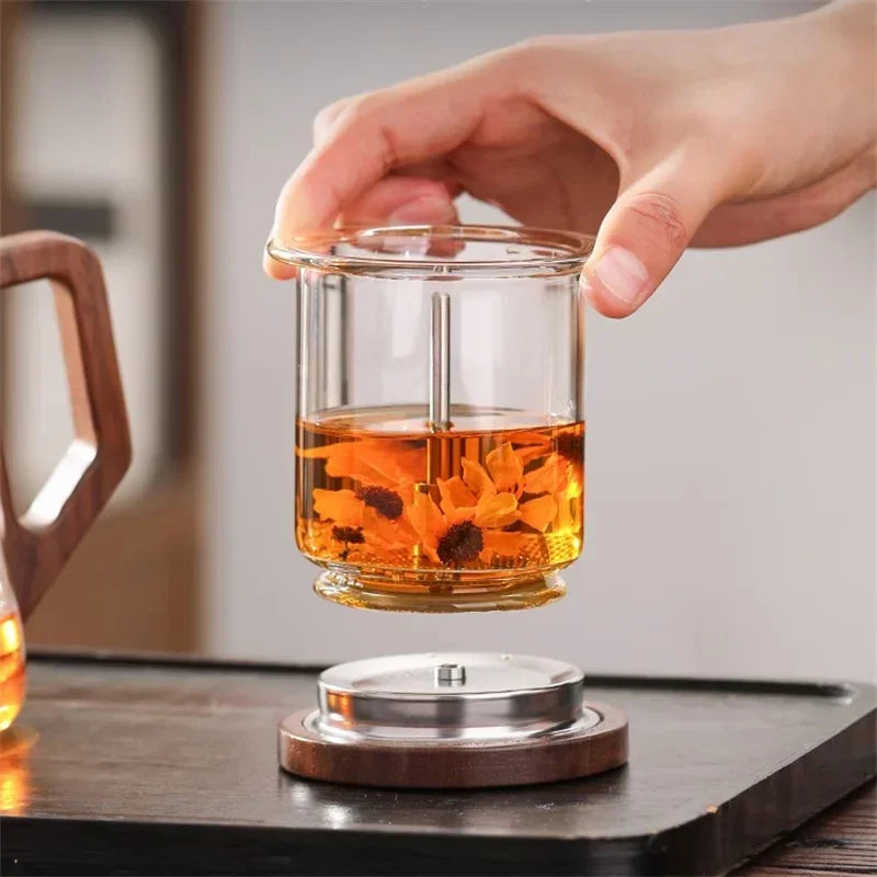 One Click Tea Separation Filtration Glass Teapots With Wood Handle Tea Water Separation Inner Container Tea Pot