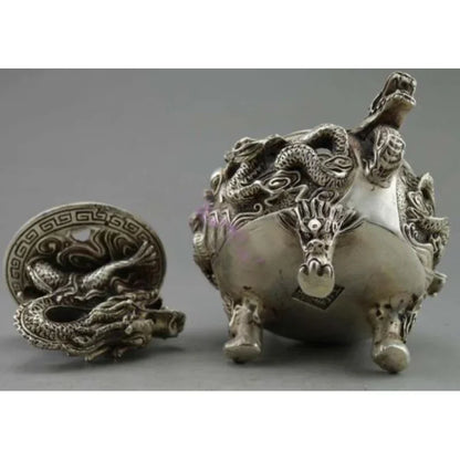 Oriental Signed Old Tibet Silver statue Carved Dragon Incense Burners Censer