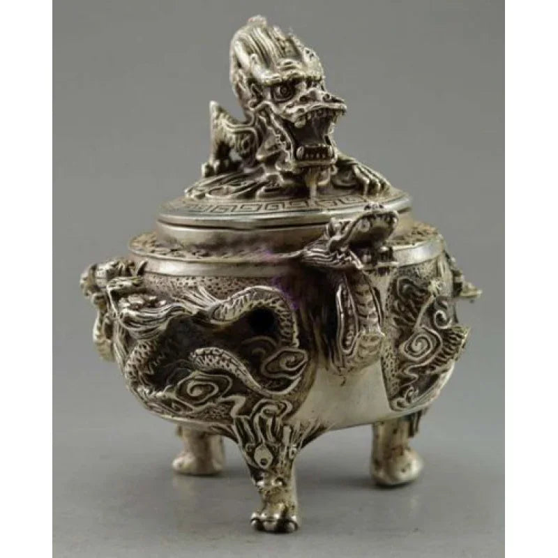 Oriental Signed Old Tibet Silver statue Carved Dragon Incense Burners Censer