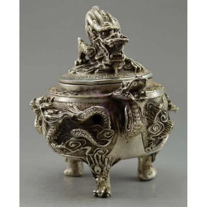 Oriental Signed Old Tibet Silver statue Carved Dragon Incense Burners Censer