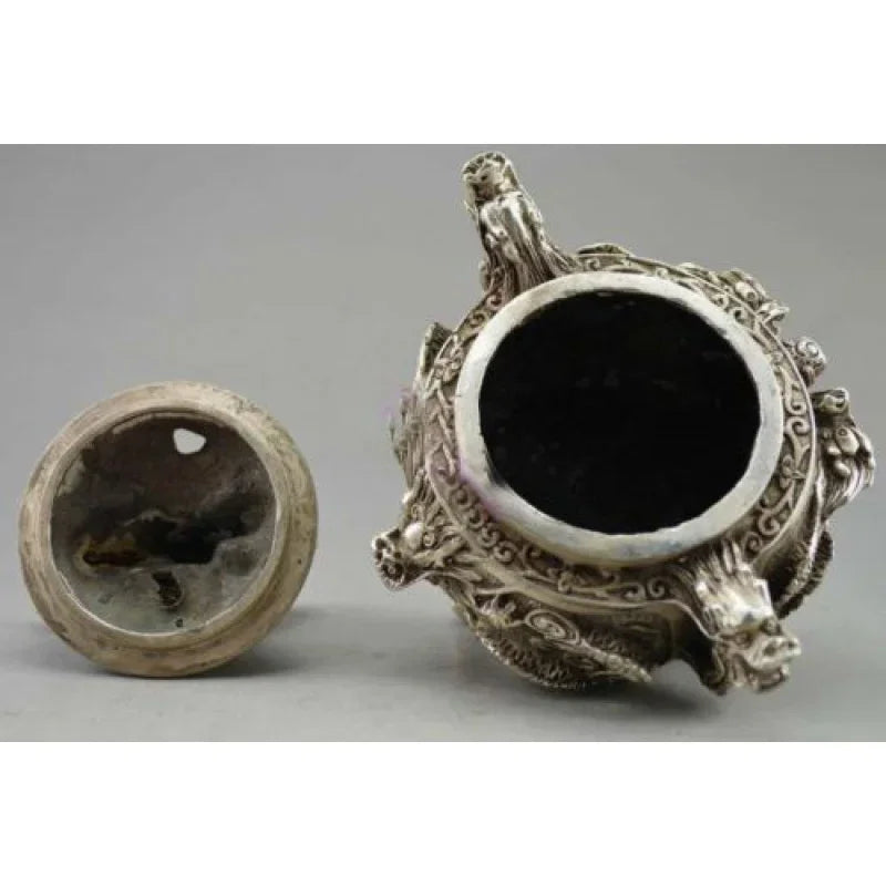 Oriental Signed Old Tibet Silver statue Carved Dragon Incense Burners Censer