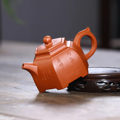 Original Yixing Clay Ping An Hexagonal Pot Sketch Pot Carved Ni Xin'an Yixing Purple Clay Pot Wholesale One Piece Dropshipping