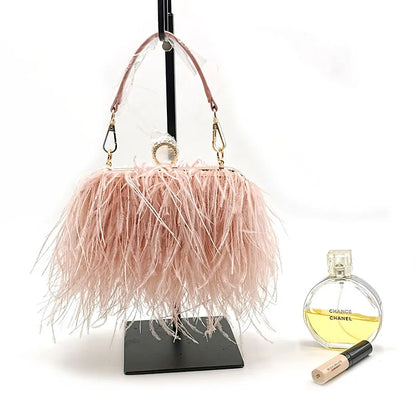 Ostrich Feather Luxury Party Evening Clutch Bag Women Wedding Purses and Handbags Small Shoulder Chain Bag Designer Bag
