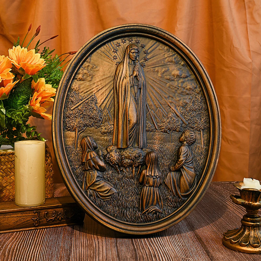 Our Lady of Fatima plaque solid wood wood carving crafts ornaments Catholic saint statues wooden wall hanging home decoration