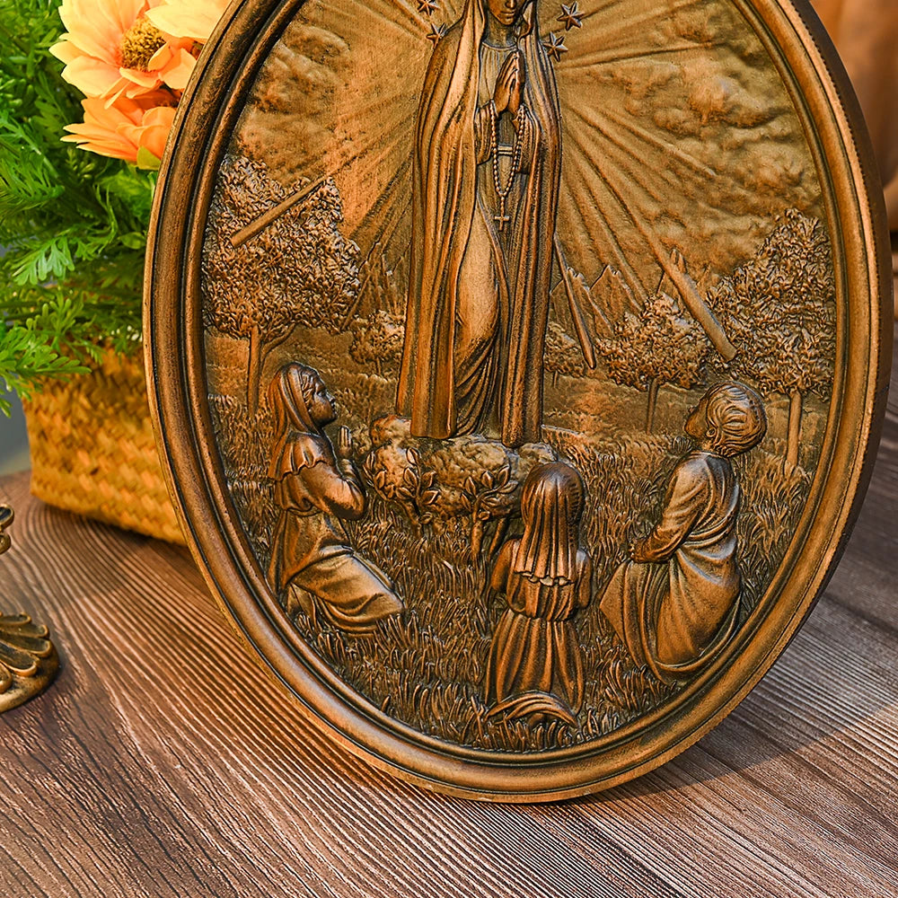 Our Lady of Fatima plaque solid wood wood carving crafts ornaments Catholic saint statues wooden wall hanging home decoration