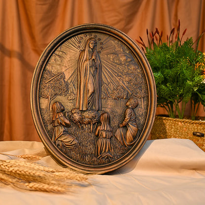 Our Lady of Fatima plaque solid wood wood carving crafts ornaments Catholic saint statues wooden wall hanging home decoration