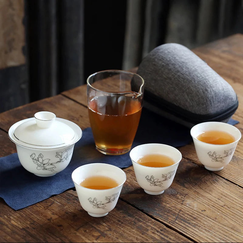 Outdoor Chinese Kung Fu Travel Tea Set Ceramic Portable Teacup Porcelain Service Gaiwan Tea Cups Mug of Tea Ceremony Teapot