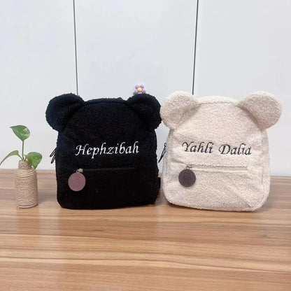 PERSONALISED Teddy Bear Kids Fleece Embroidered Backpack, Initial or First Name school bag, Teddy Bear Ear Bag, Initial Name Bag