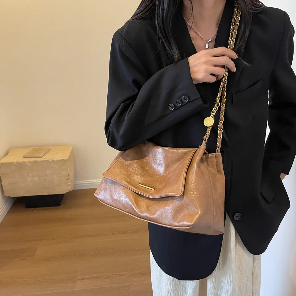 PU Handbag Ladies Fashion Crossbody Bag Large Capacity Shoulder Bag Retro Wide Strap Elegant Messenger Bag