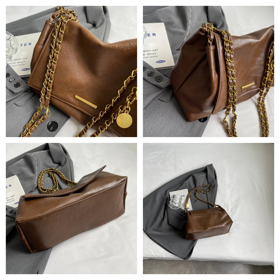 PU Handbag Ladies Fashion Crossbody Bag Large Capacity Shoulder Bag Retro Wide Strap Elegant Messenger Bag