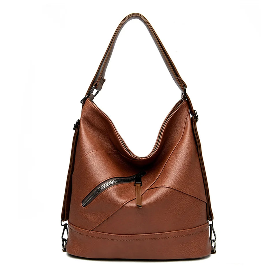 PU Shoulder Bag Women Vintage Shopping Bags Zipper Girls Student Bookbag Handbags Casual Tote With Outside Pock