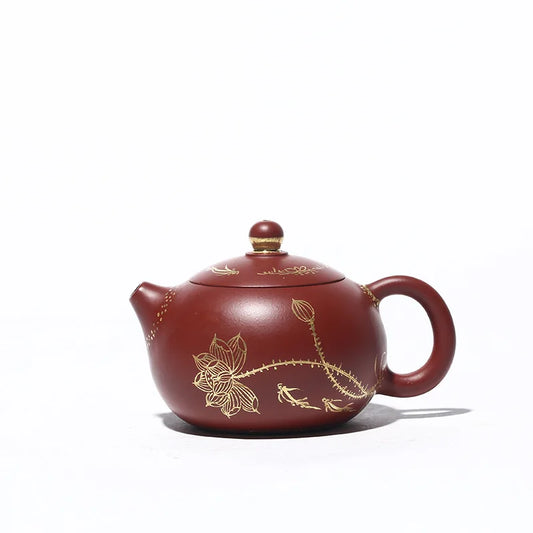 Painted Gold Xishi Teapot Zisha Teapot Yixing Handmade Pot, Kung-Fu Teaware, Purple Clay Drinkware for Puer Green and Black