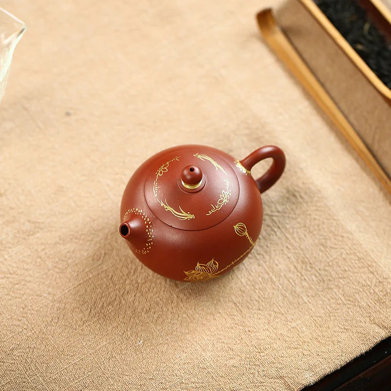 Painted Gold Xishi Teapot Zisha Teapot Yixing Handmade Pot, Kung-Fu Teaware, Purple Clay Drinkware for Puer Green and Black