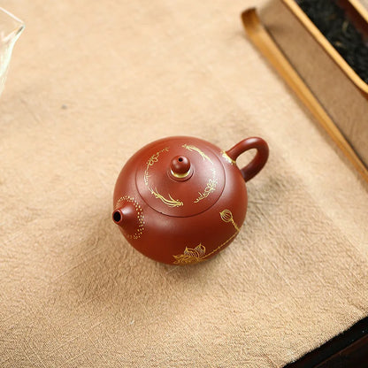 Painted Gold Xishi Teapot Zisha Teapot Yixing Handmade Pot, Kung-Fu Teaware, Purple Clay Drinkware for Puer Green and Black
