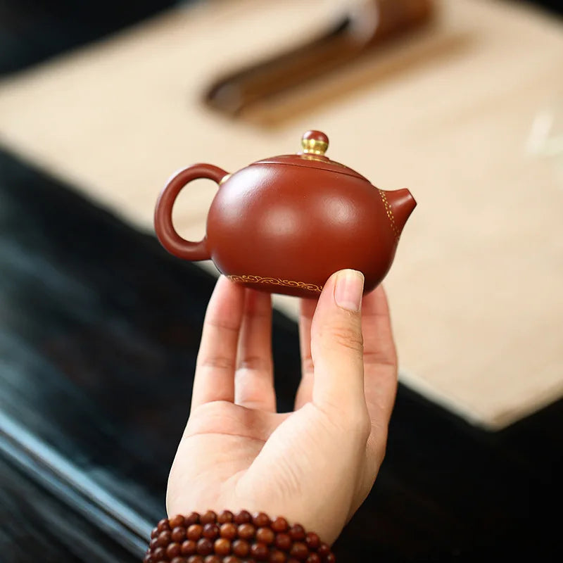 Painted Gold Xishi Teapot Zisha Teapot Yixing Handmade Pot, Kung-Fu Teaware, Purple Clay Drinkware for Puer Green and Black